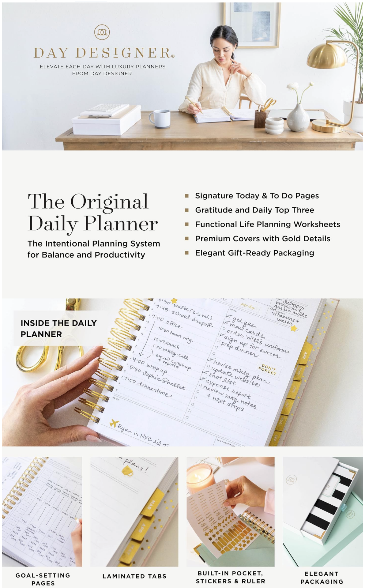 Amazon A+ Content example from Day Designer showing lifestyle imagery, feature modules and a product comparison layout